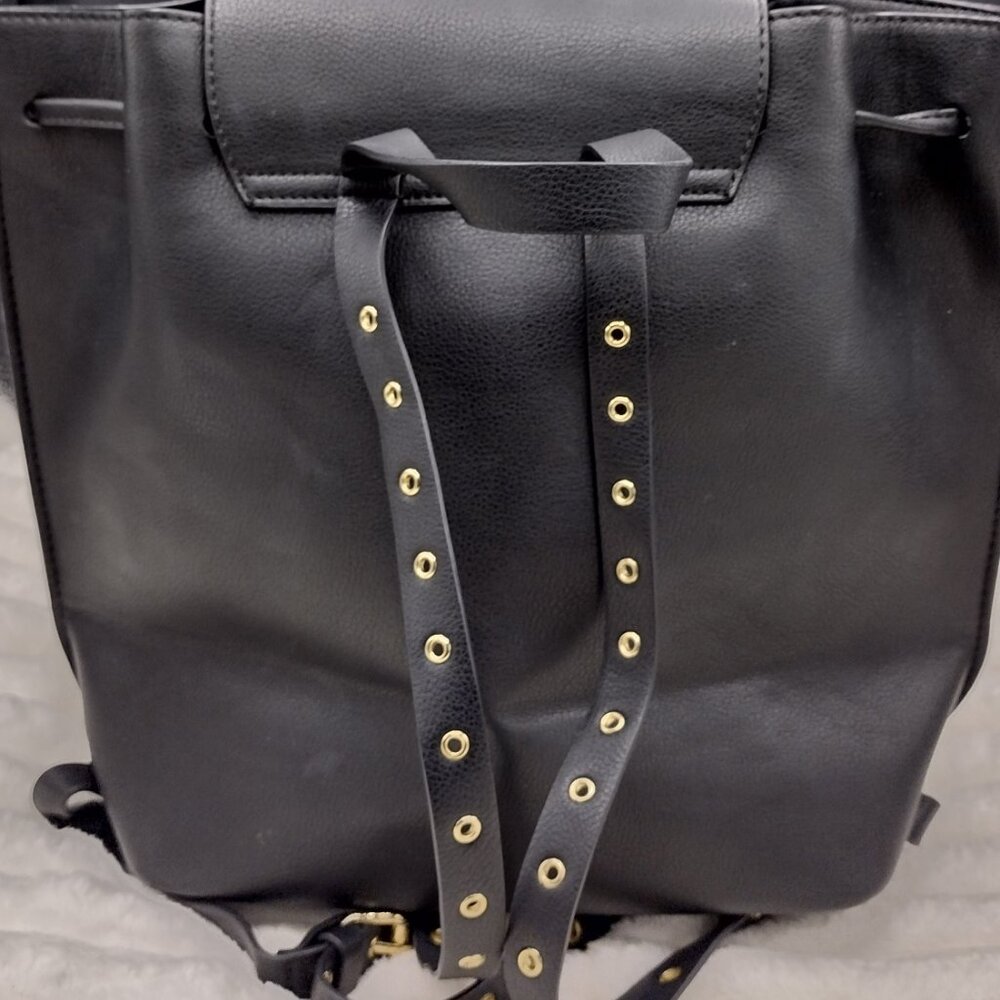 Zara Black Faux Leather Backpack Gold Hardware Flap Drawstring Adjustable Straps - Picture 8 of 13